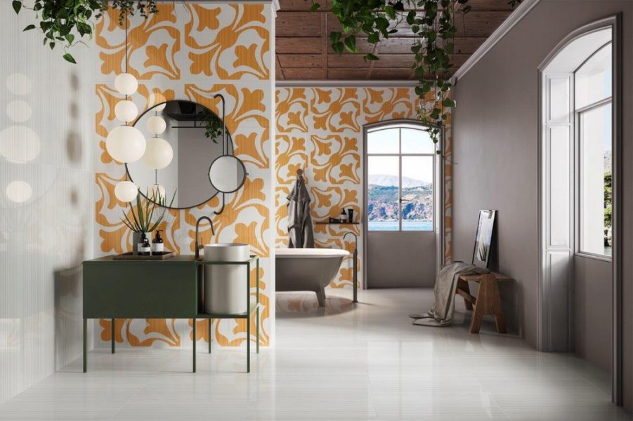 Grès cérame salle de bain Riflessi Bianco et Fiore Arancio