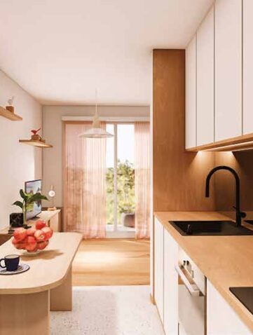 cuisine "meuble compact" aux formes courbes.