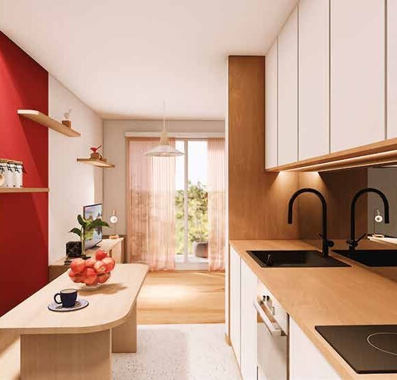 cuisine "meuble compact" aux formes courbes.