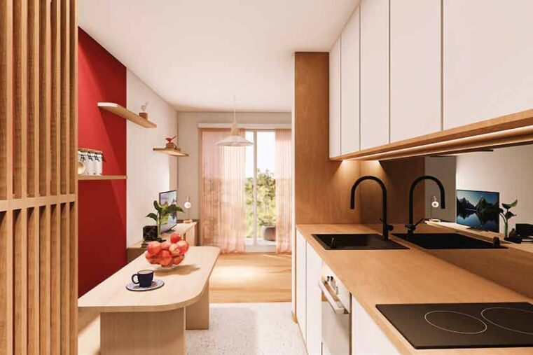 cuisine "meuble compact" aux formes courbes.