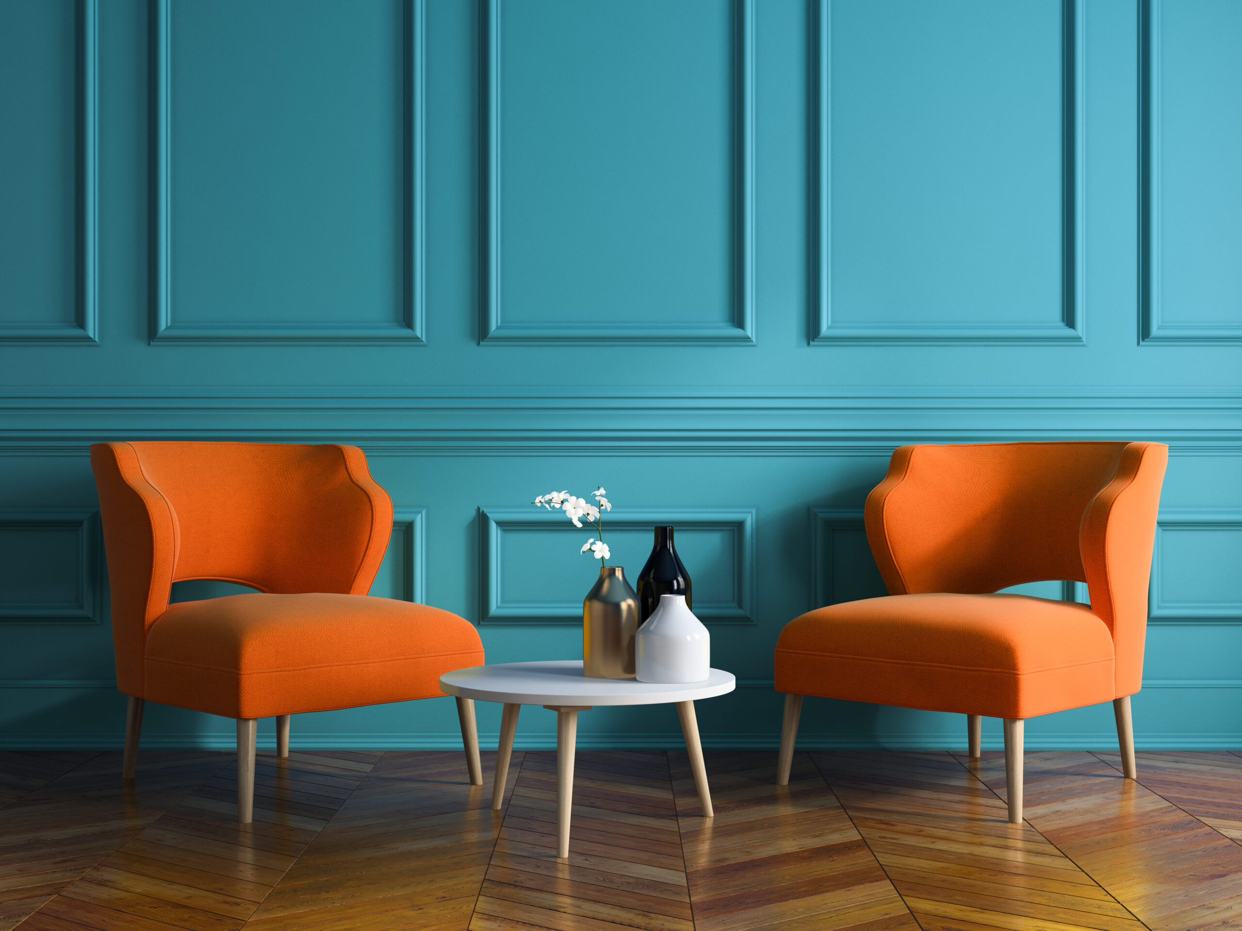 Association de couleurs complémentaires bleu et terracotta dans un salon moderne