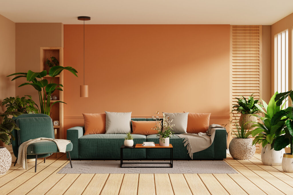Palette de couleurs tendances déco 2026 avec bleu profond, terracotta et vert olive