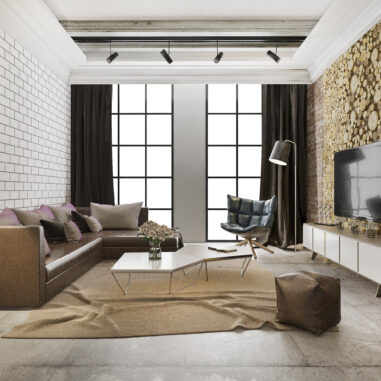 Intérieur contemporain 2026 mêlant bois texturé, pierre naturelle et textiles chaleureux.