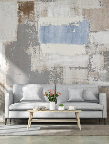 Salon moderne avec papier peint panoramique tendance 2026 aux tons nat