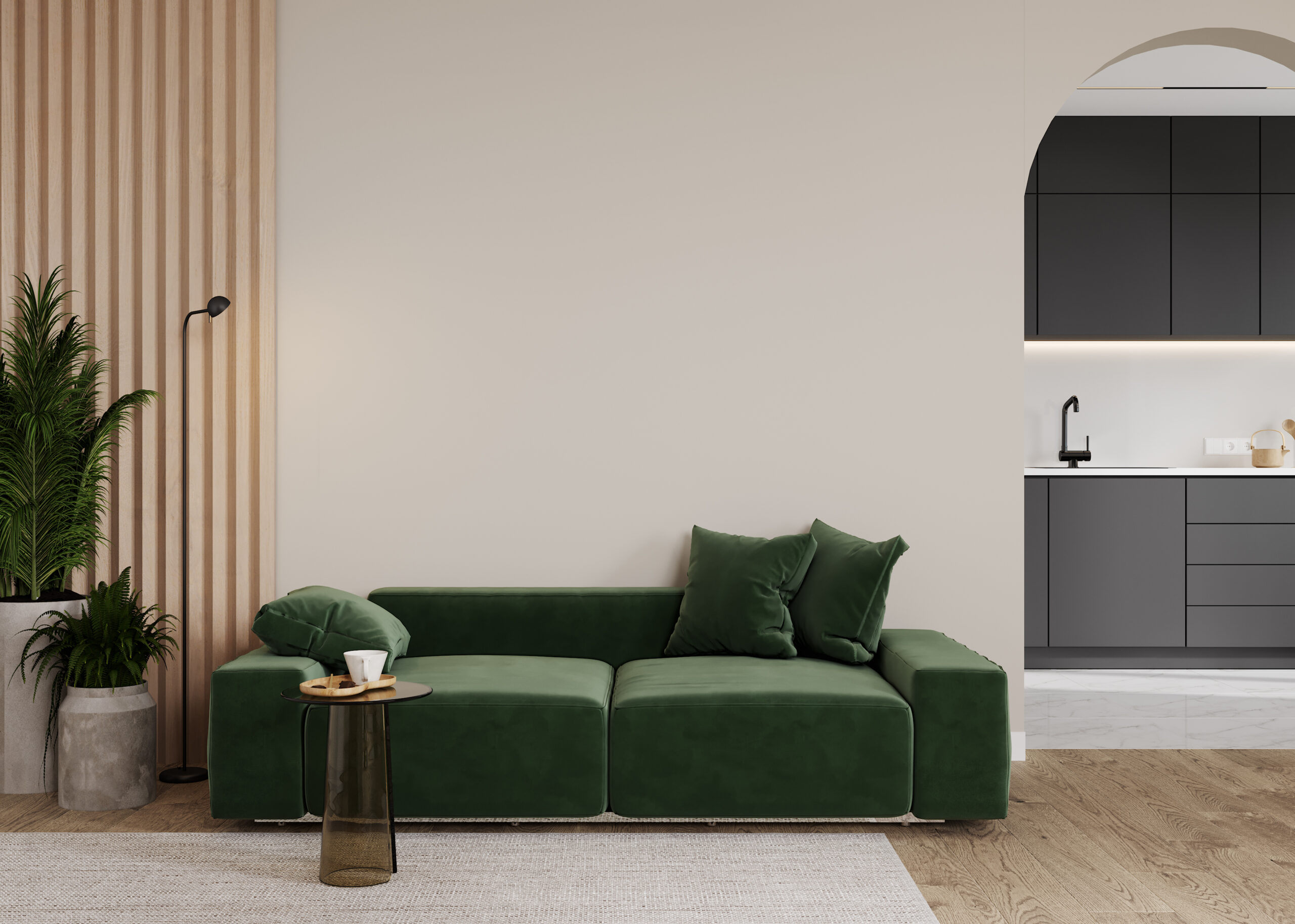 Exemple de règle 60 30 10 en décoration intérieure avec beige vert et noir