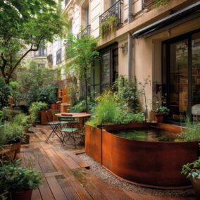 Bassin de récupération d’eau de pluie en acier corten dans une cour végétalisée