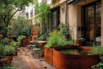 Bassin de récupération d’eau de pluie en acier corten dans une cour végétalisée