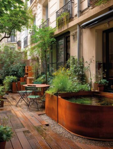 Bassin de récupération d’eau de pluie en acier corten dans une cour végétalisée