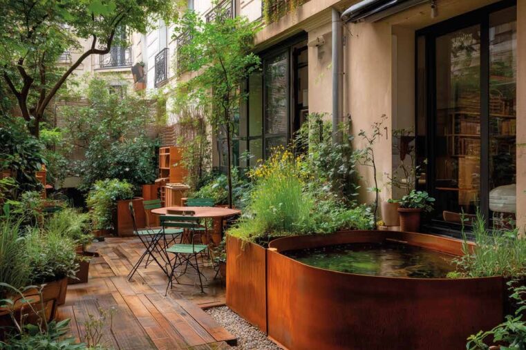 Bassin de récupération d’eau de pluie en acier corten dans une cour végétalisée