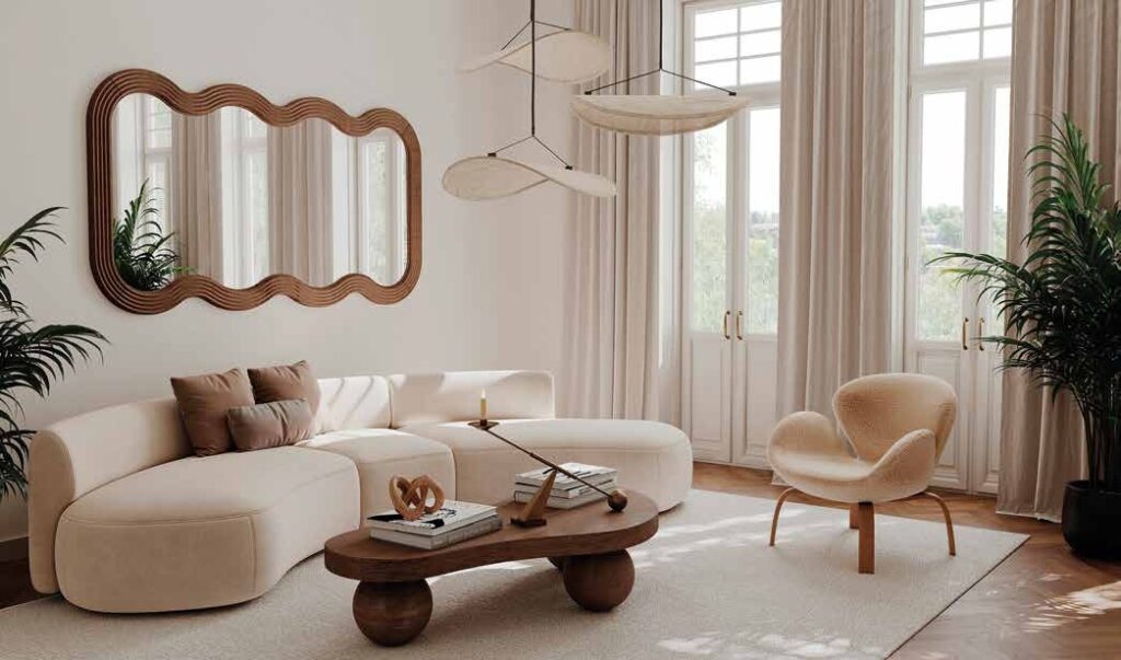 salon blanc lumineux avec canapé arrondi et décoration bois