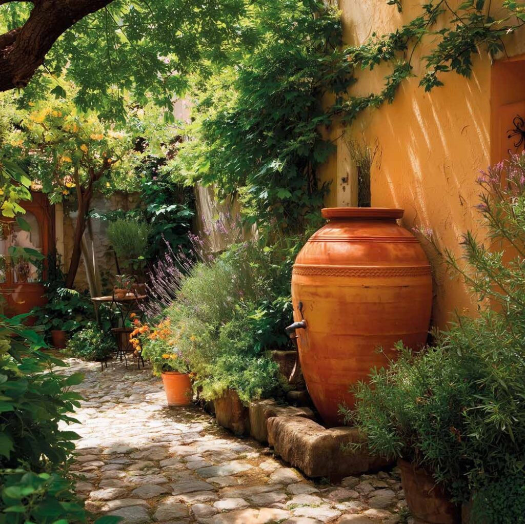 Jarre décorative en terre cuite pour récupérer l’eau de pluie dans un jardin