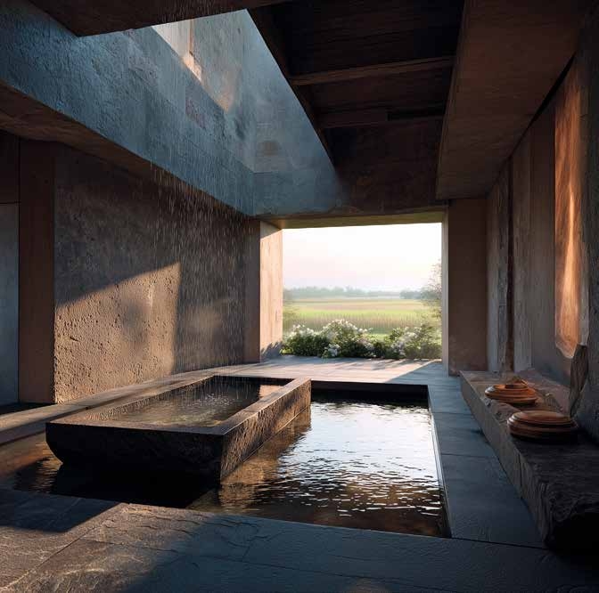 Bassin intérieur récupérant l’eau de pluie sous une ouverture zénithale
