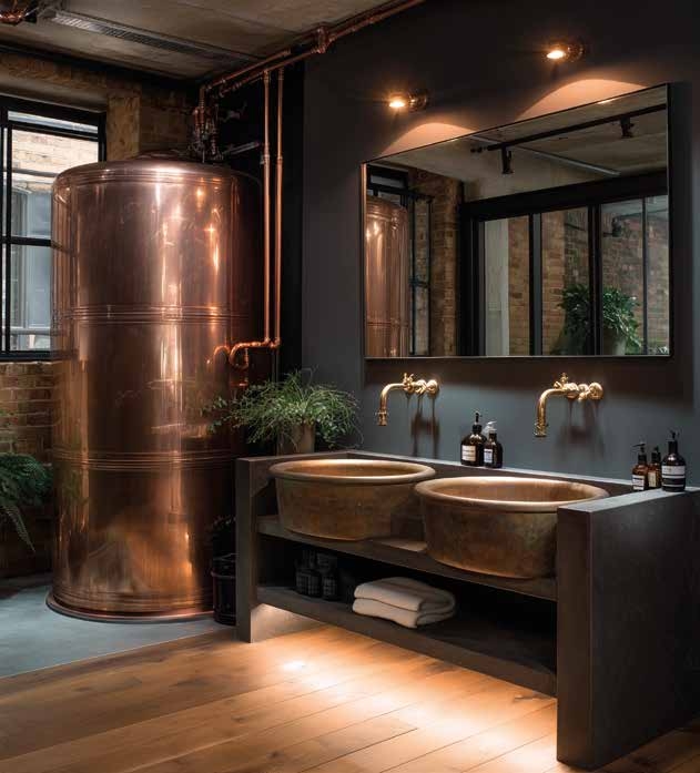 Salle de bains avec cuve de récupération d’eau de pluie et tuyauterie apparente