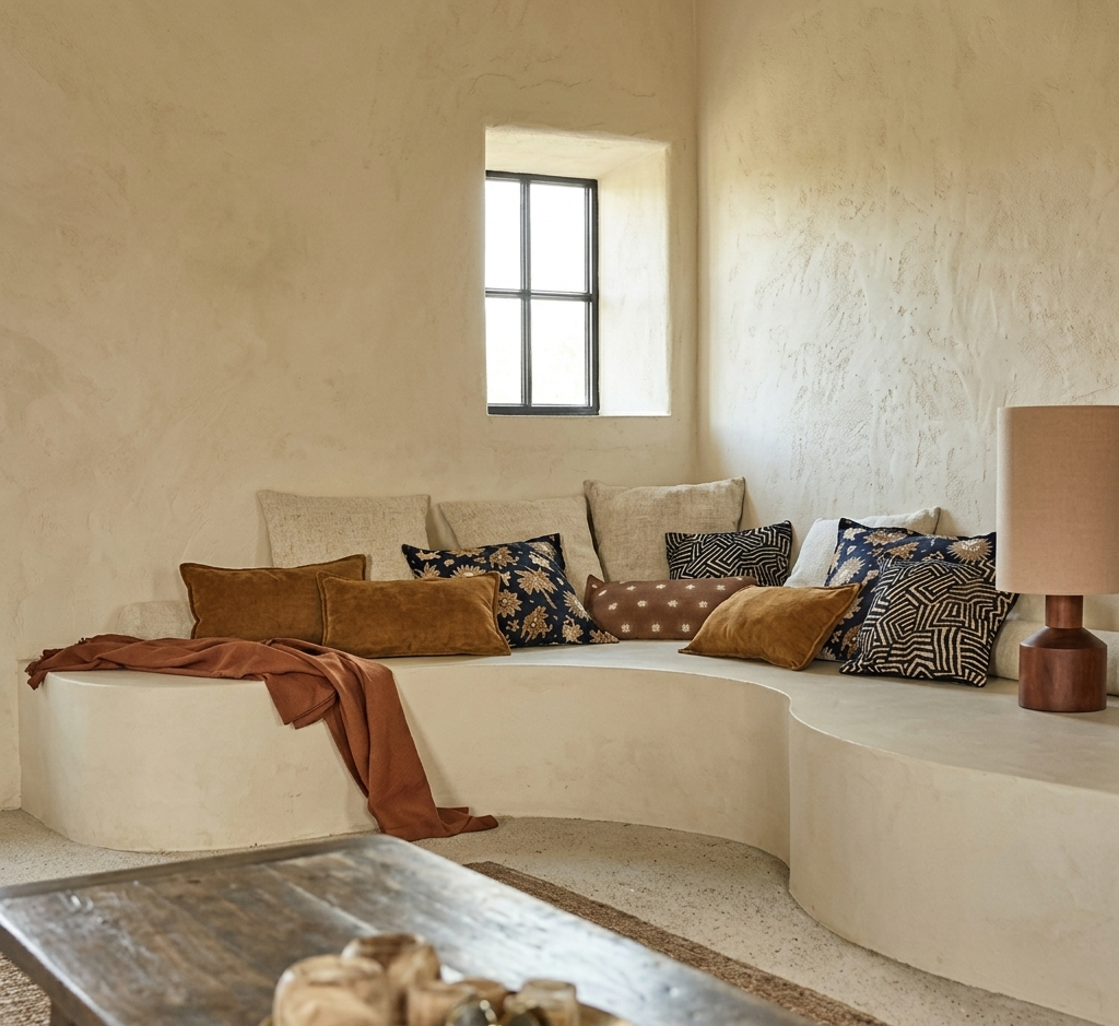 salon blanc décoration avec banquette intégrée et coussins aux tons naturels