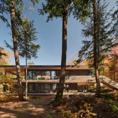 Maison en bois contemporaine en pleine nature avec façade minimaliste et intégration dans un environnement forestier