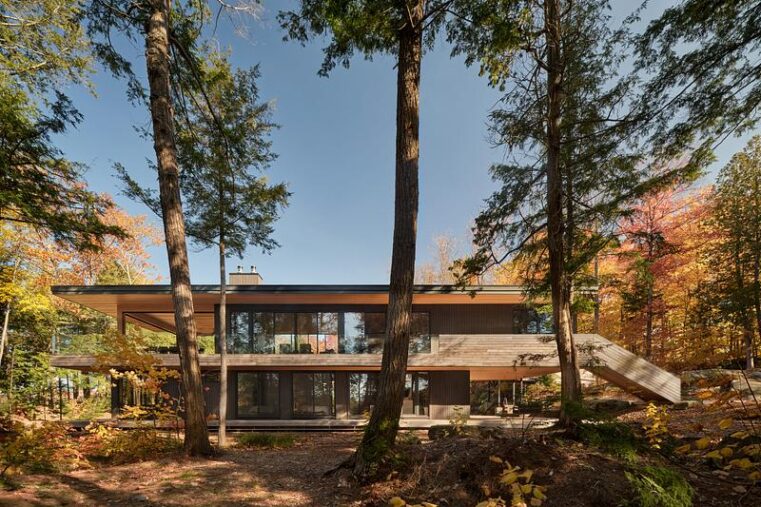 Maison en bois contemporaine en pleine nature avec façade minimaliste et intégration dans un environnement forestier