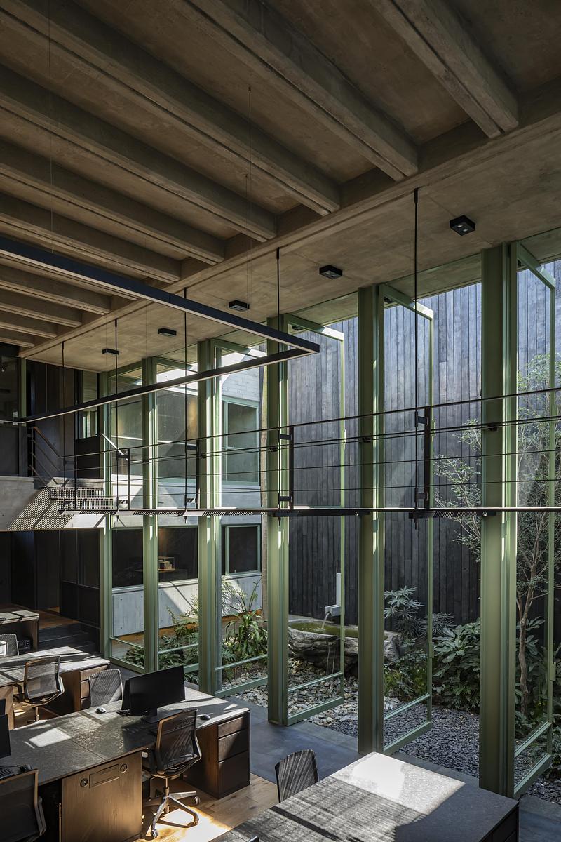 Studio d’architecture avec structure métallique verte, grandes baies vitrées et patio intérieur végétalisé au Mexique