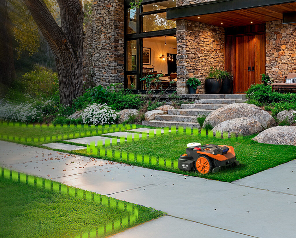 Robot tondeuse WORX Vision Cloud cartographiant automatiquement un jardin contemporain devant une maison moderne.