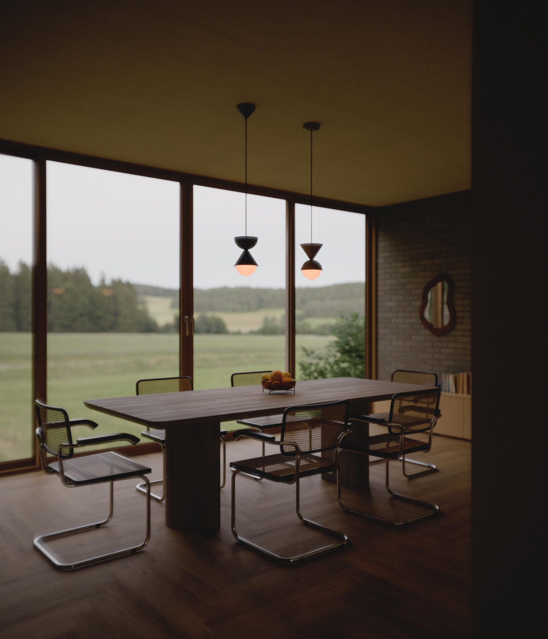 Collection FORMA de Luminaire Authentik dans une salle à manger contemporaine avec suspensions géométriques minimalistes