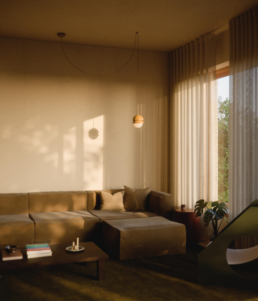 Suspension minimaliste dans un salon contemporain baigné de lumière naturelle