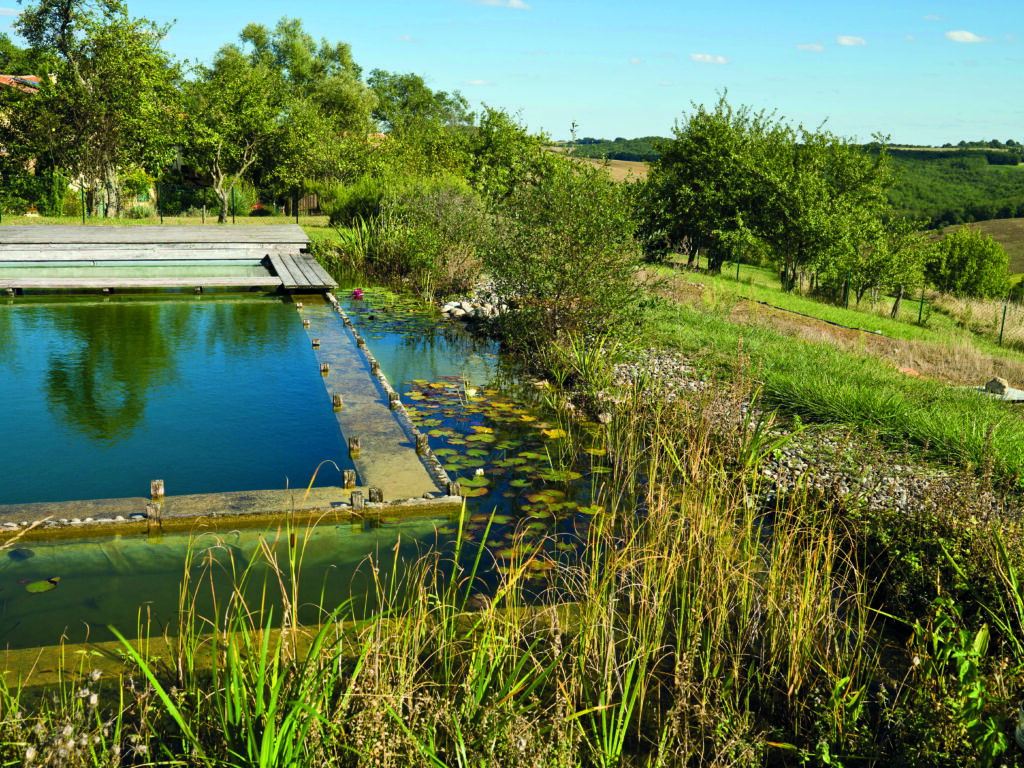 Ponton en bois traversant une baignade naturelle auto-construite