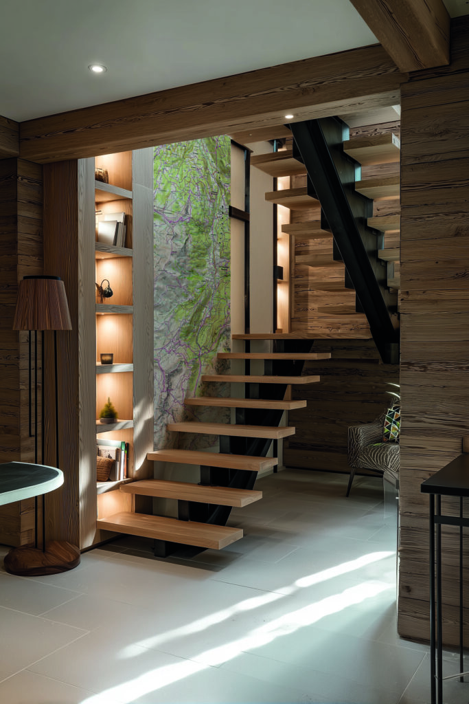 Carte IGN panoramique intégrée dans l’escalier d’un chalet