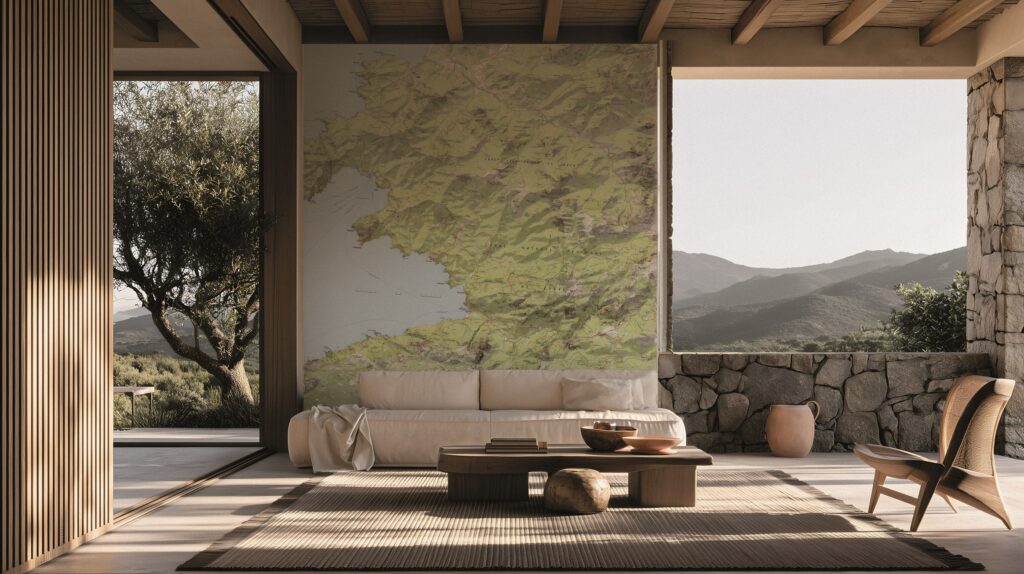 Carte topographique de la Corse utilisée comme décoration murale