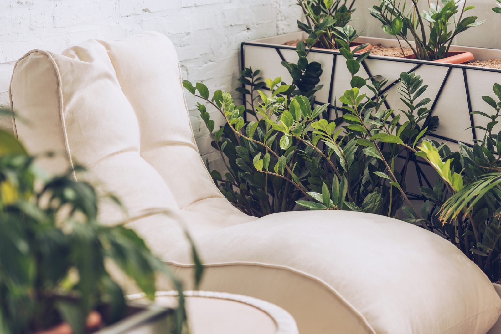 Chaise longue en tissu écru entourée de plantes vertes dans des jardinières noires, devant un mur de briques blanches