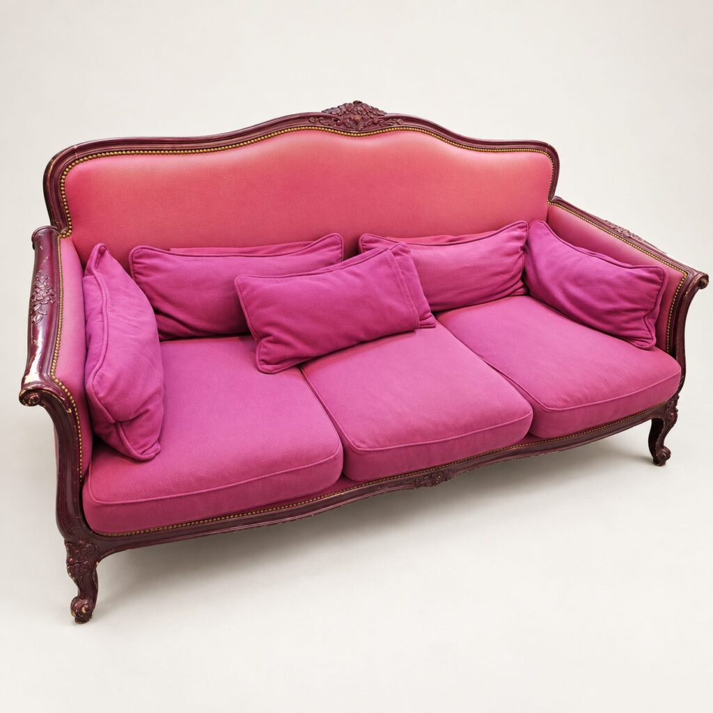 Canapé de style Louis en velours fuchsia à structure en bois sculpté, avec ses coussins, issu de l’hôtel La Belle Juliette