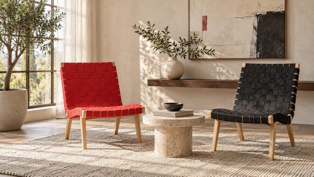 Mise en scène ECO-ONE : deux fauteuils à sangles tressées, l’un rouge, l’autre noir, autour d’une table basse ronde dans un salon clair