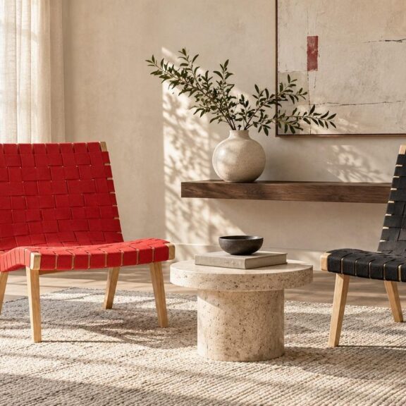 Mise en scène ECO-ONE : deux fauteuils à sangles tressées, l’un rouge, l’autre noir, autour d’une table basse ronde dans un salon clair
