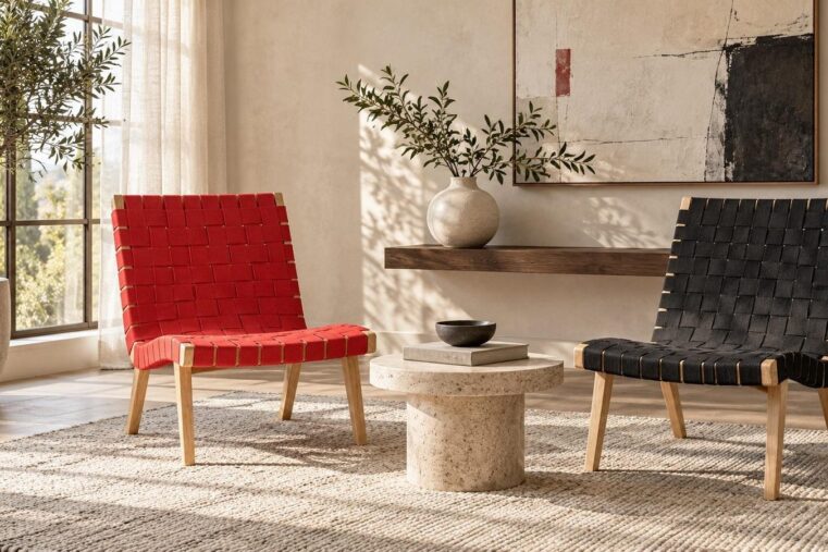 Mise en scène ECO-ONE : deux fauteuils à sangles tressées, l’un rouge, l’autre noir, autour d’une table basse ronde dans un salon clair