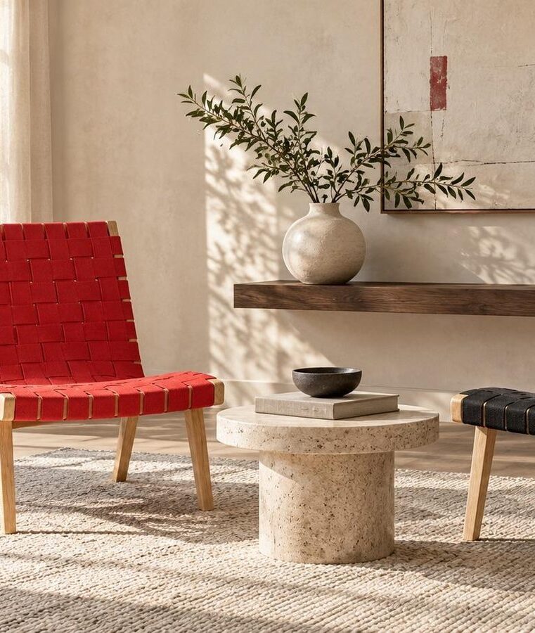 Mise en scène ECO-ONE : deux fauteuils à sangles tressées, l’un rouge, l’autre noir, autour d’une table basse ronde dans un salon clair
