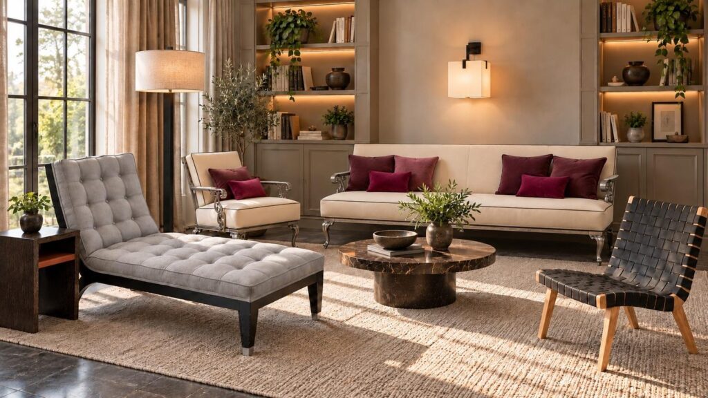 Mise en scène ECO-ONE de pièces de la vente : méridienne capitonnée grise, canapé et fauteuil beige à accoudoirs chromés, fauteuil à sangles noires