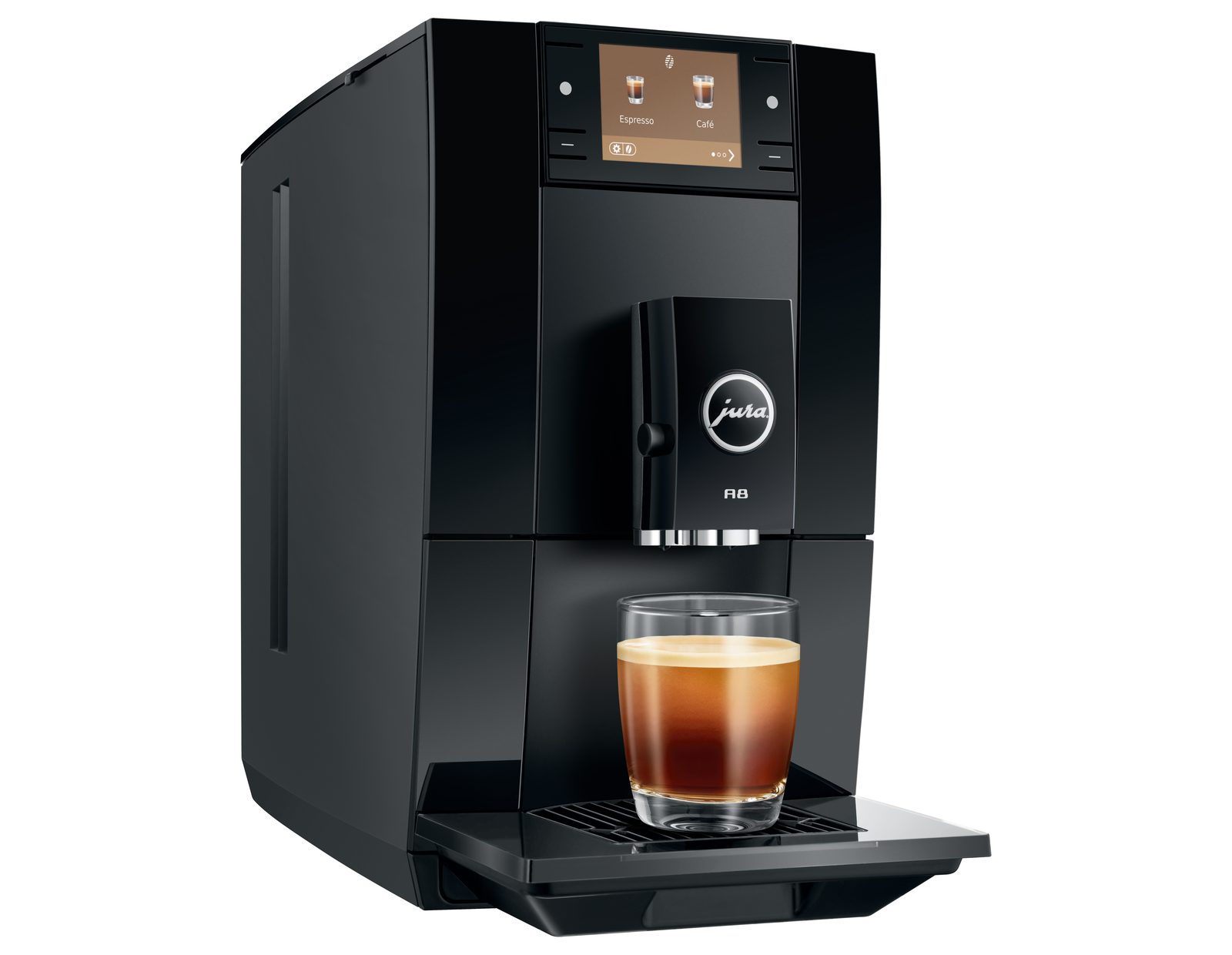 JURA A8 vue de trois quarts, avec son écran couleur affichant Espresso et Café et un verre de café allongé sous la buse