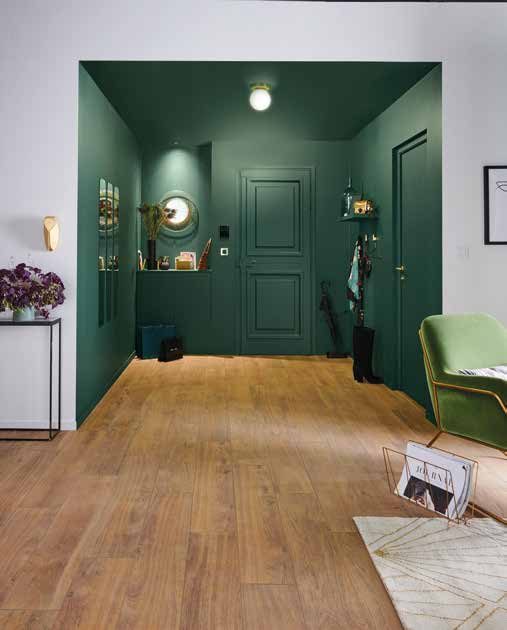 Entrée délimitée par une peinture vert sapin couvrant murs, plafond et porte, parquet en chêne