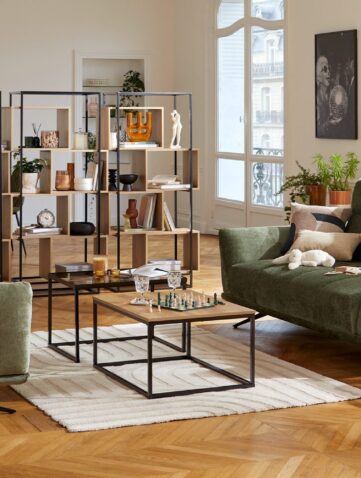Grand séjour parisien avec canapés verts, tables basses en métal et bibliothèques ajourées en bois et métal séparant le coin repas